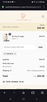 Catholic Dress Co. coupon verification screenshot