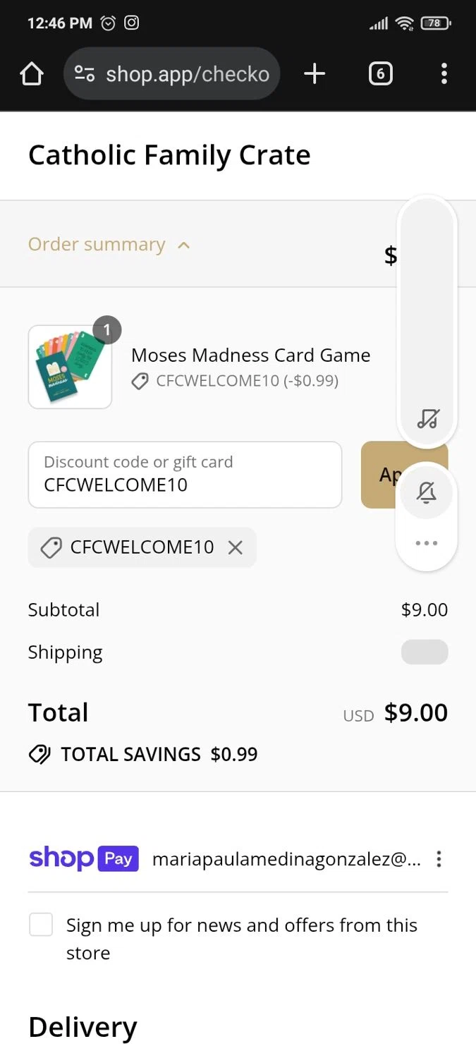Catholic Family Crate discount code screenshot showing code CFCWELCOME10 applied at Catholic Family Crate checkout page. Uploaded by SimplyCodes community member PromoMaven605 on Aug 12, 2025
