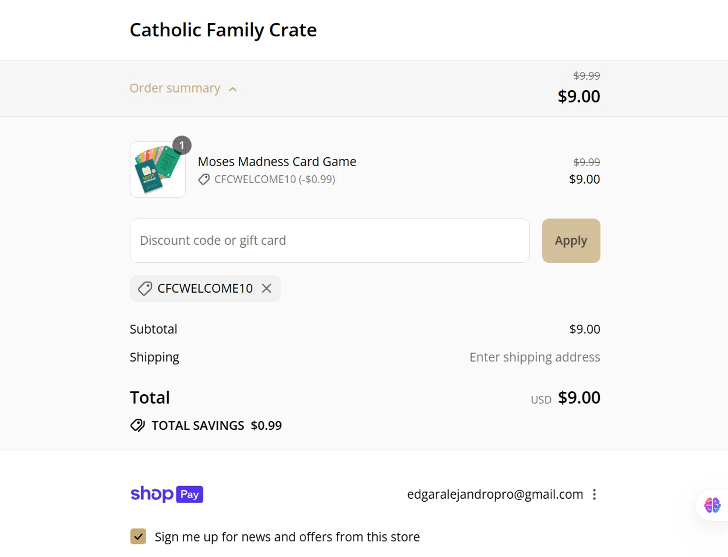 Catholic Family Crate discount code screenshot showing code CFCWELCOME10 applied at Catholic Family Crate checkout page. Uploaded by SimplyCodes community member TokenMonarch4470 on Jul 22, 2025