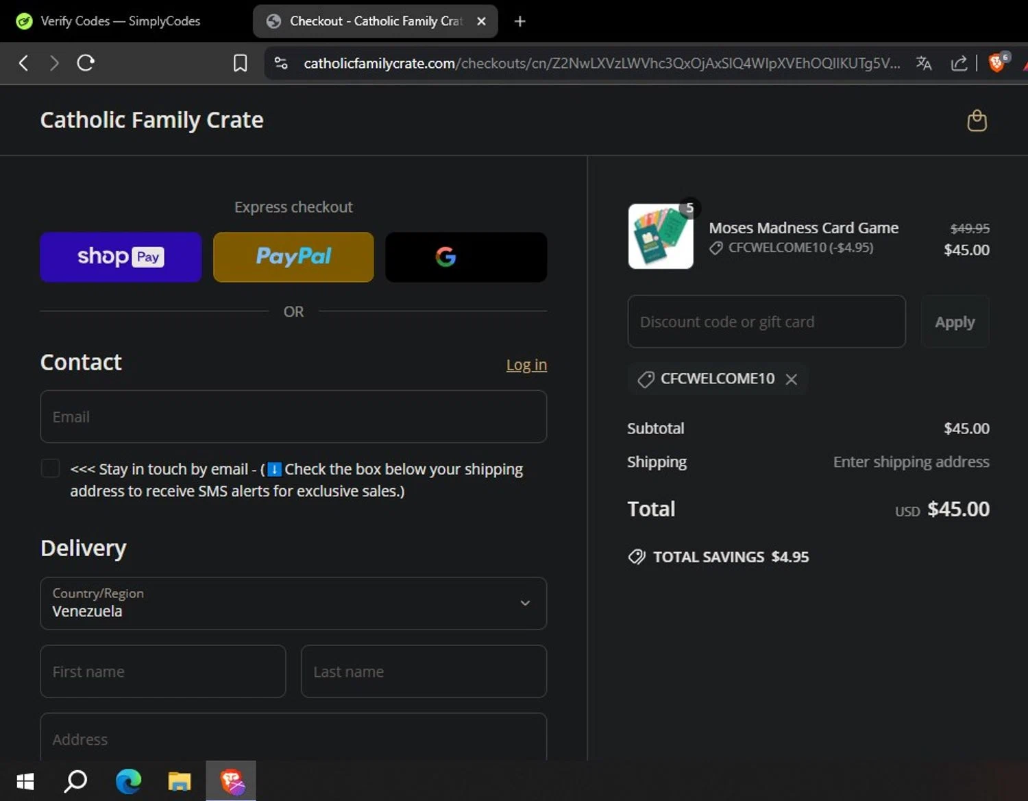 Catholic Family Crate discount code screenshot showing code CFCWELCOME10 applied at Catholic Family Crate checkout page. Uploaded by SimplyCodes community member Yoseff2 on May 2, 2025