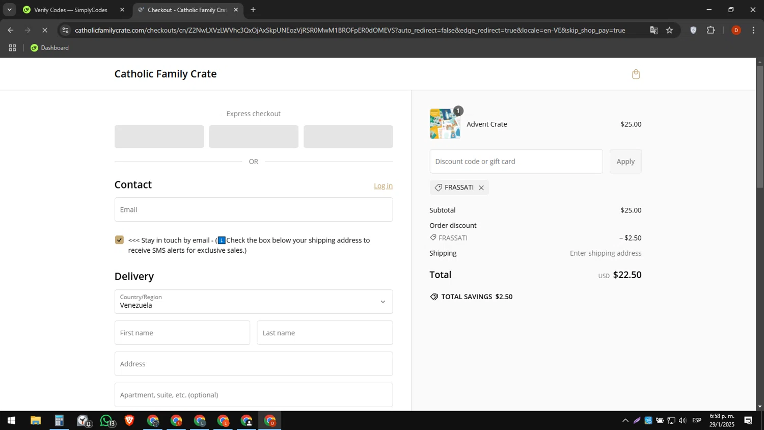 Catholic Family Crate discount code screenshot showing code Frassati applied at Catholic Family Crate checkout page. Uploaded by SimplyCodes community member LegendaryCollector9893 on Jan 29, 2025