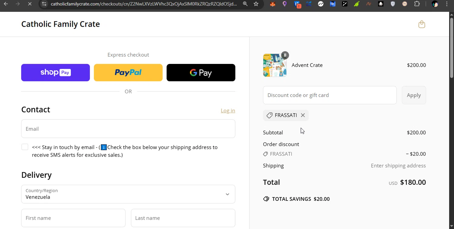 Catholic Family Crate discount code screenshot showing code Frassati applied at Catholic Family Crate checkout page. Uploaded by SimplyCodes community member PrimeShopper6600 on Apr 18, 2025