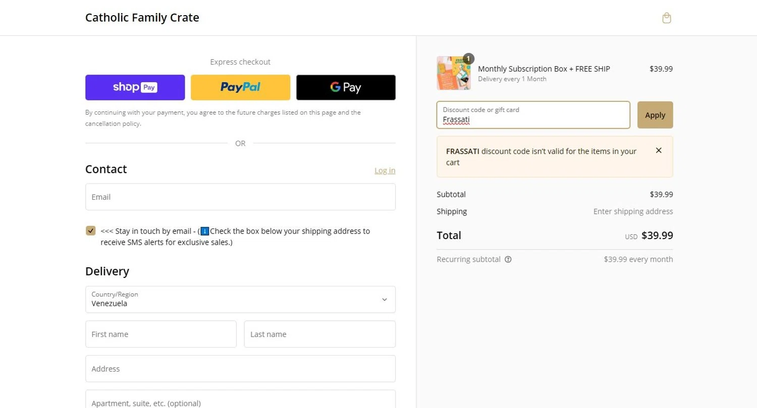 Catholic Family Crate discount code screenshot showing code Frassati applied at Catholic Family Crate checkout page. Uploaded by SimplyCodes community member LUAR777 on Jan 25, 2025