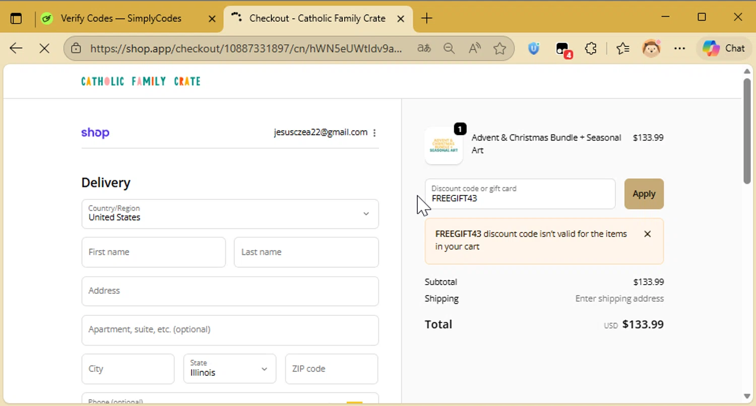 Catholic Family Crate discount code screenshot showing code FREEGIFT43 applied at Catholic Family Crate checkout page. Uploaded by SimplyCodes community member CleverAce742 on Nov 24, 2025