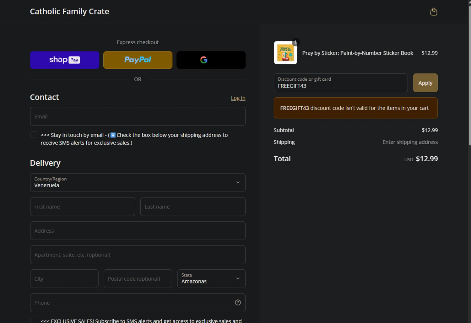 Catholic Family Crate discount code screenshot showing code FREEGIFT43 applied at Catholic Family Crate checkout page. Uploaded by SimplyCodes community member ValiantPro374 on May 13, 2025