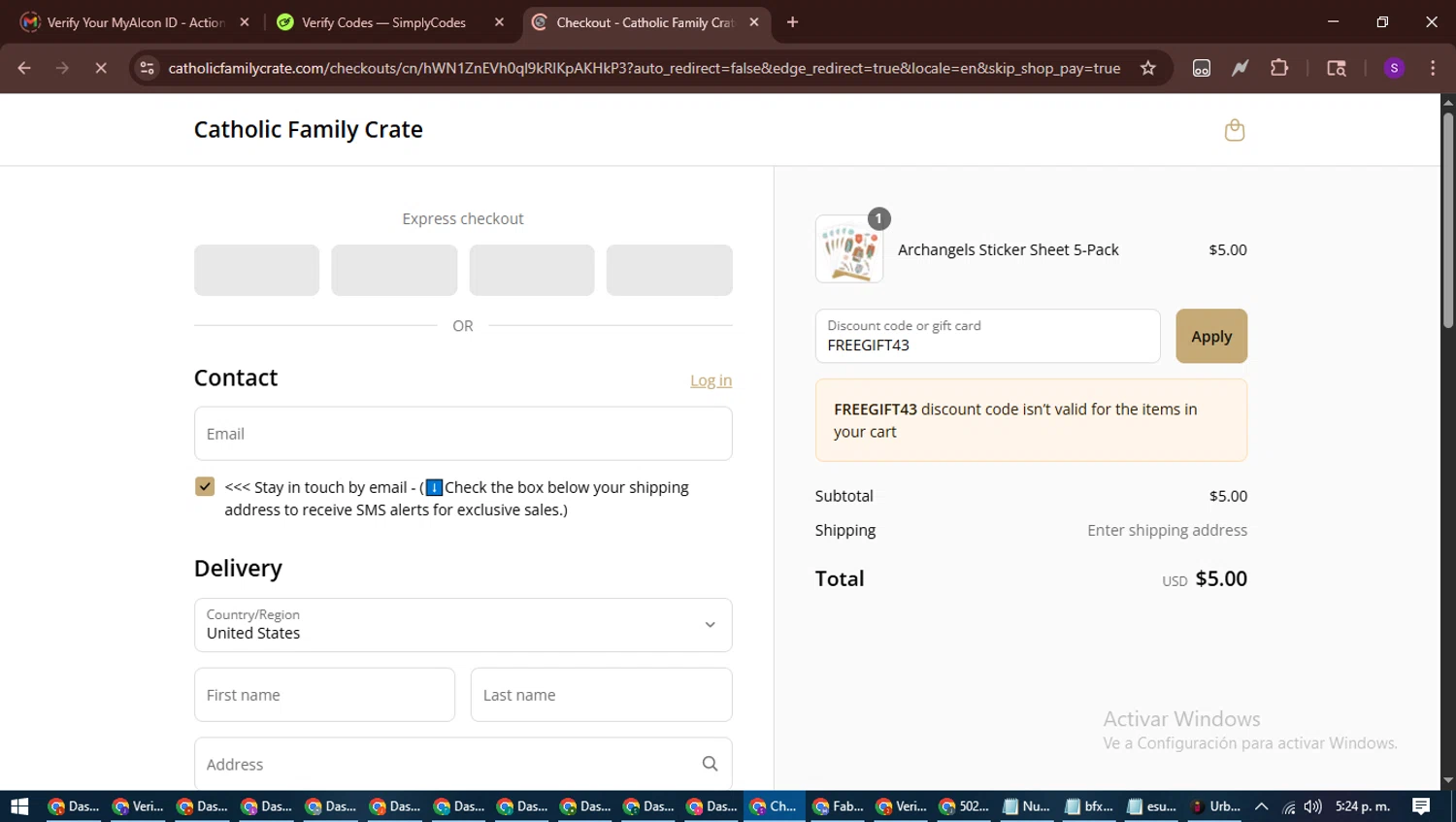 Catholic Family Crate discount code screenshot showing code FREEGIFT43 applied at Catholic Family Crate checkout page. Uploaded by SimplyCodes community member ShieldWarden7838 on Aug 8, 2025