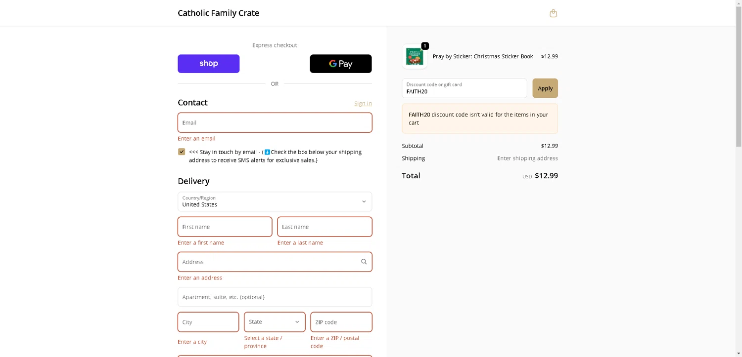 Catholic Family Crate discount code screenshot showing code FAITH20 applied at Catholic Family Crate checkout page. Uploaded by SimplyCodes community member CleverLynx8583 on Sep 22, 2025