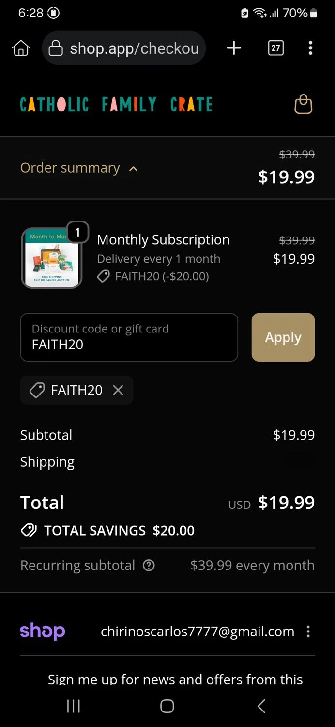 Catholic Family Crate checkout page showing Catholic Family Crate discount code box | Screenshot taken by SimplyCodes community member on Jan 1, 2026