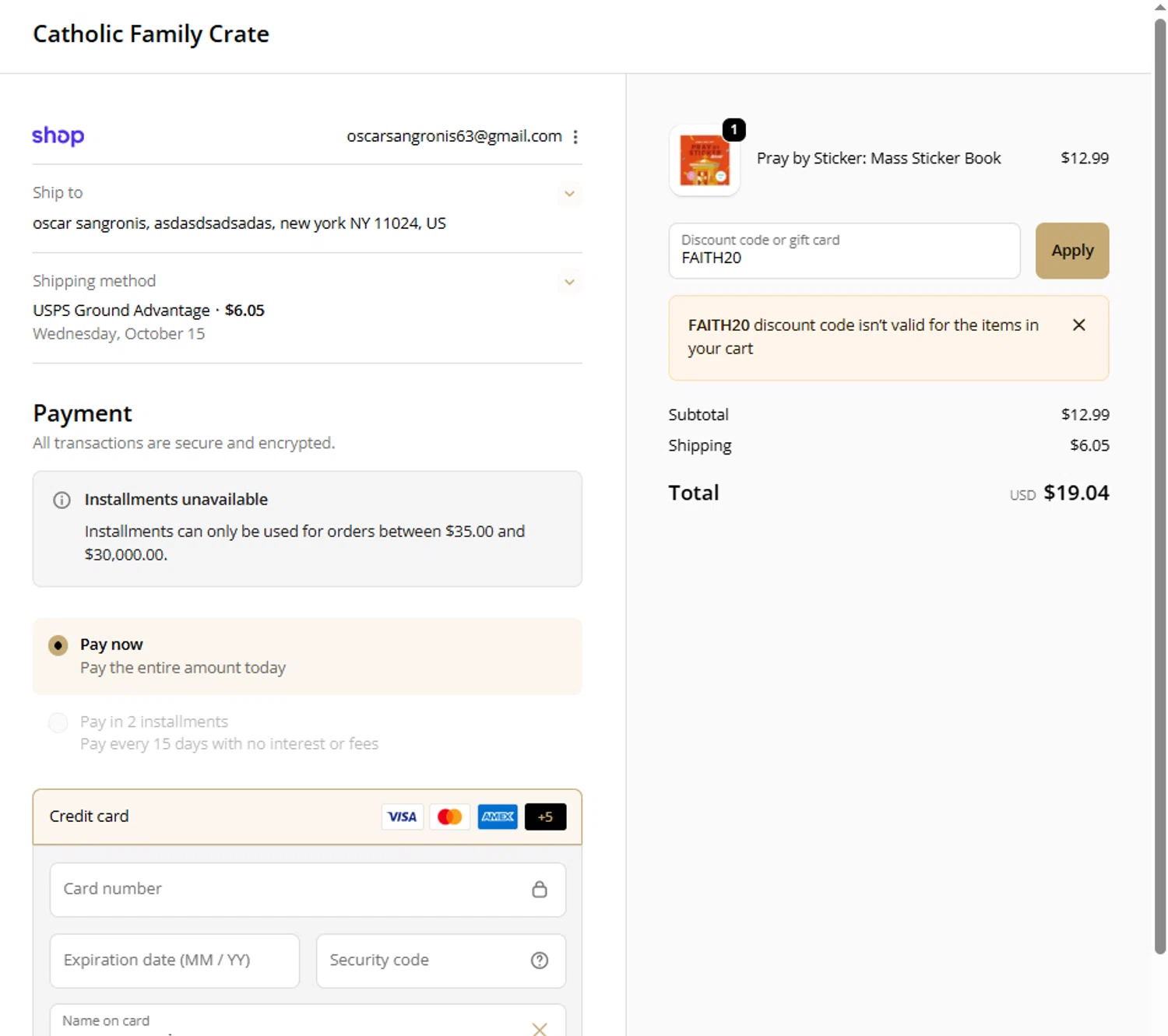 Catholic Family Crate discount code screenshot showing code FAITH20 applied at Catholic Family Crate checkout page. Uploaded by SimplyCodes community member Frionel_Pessi on Oct 6, 2025