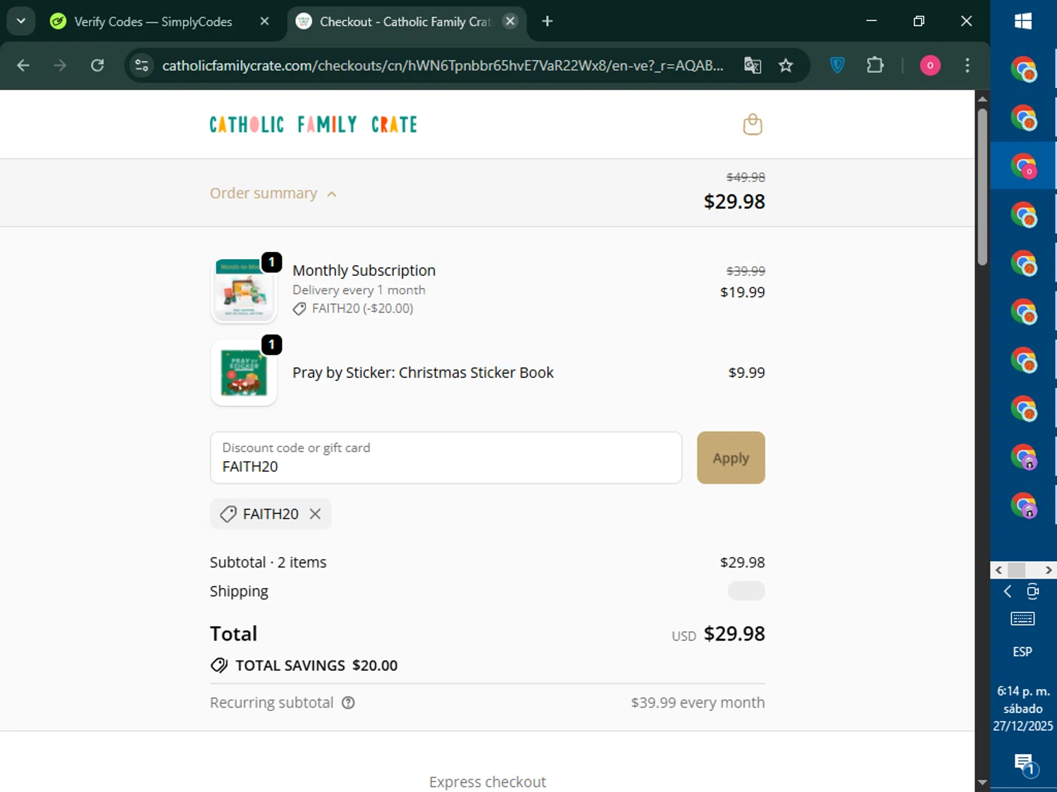 Catholic Family Crate discount code screenshot showing code FAITH20 applied at Catholic Family Crate checkout page. Uploaded by SimplyCodes community member RebateNavigator926 on Dec 27, 2025