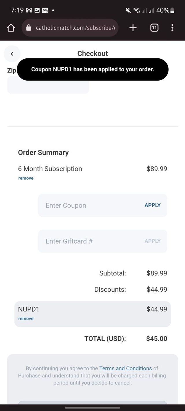 Catholic Match checkout page showing Catholic Match discount code box | Screenshot taken by SimplyCodes community member on Sep 15, 2023