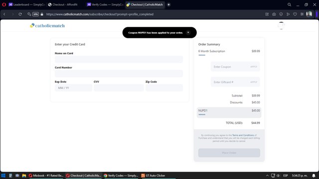 Catholic Match checkout page showing Catholic Match discount code box | Screenshot taken by SimplyCodes community member on Nov 21, 2023