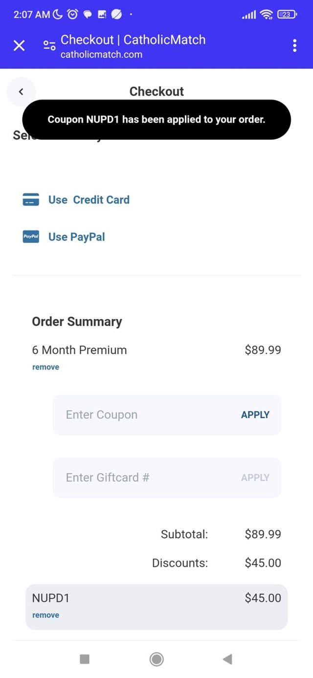Catholic Match checkout page showing Catholic Match discount code box | Screenshot taken by SimplyCodes community member on Jan 5, 2024