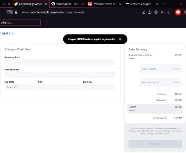 Catholic Match checkout page showing Catholic Match discount code box | Screenshot taken by SimplyCodes community member on Nov 6, 2023
