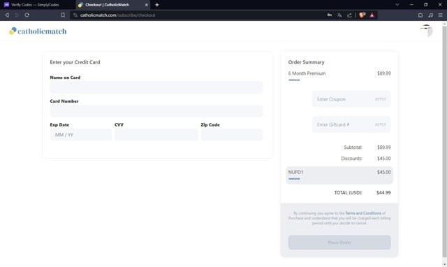 Catholic Match checkout page showing Catholic Match discount code box | Screenshot taken by SimplyCodes community member on Dec 28, 2023