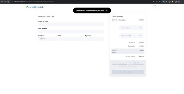 Catholic Match checkout page showing Catholic Match discount code box | Screenshot taken by SimplyCodes community member on Sep 17, 2023