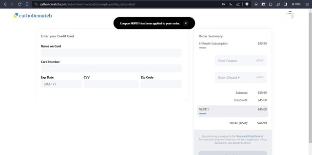 Catholic Match checkout page showing Catholic Match discount code box | Screenshot taken by SimplyCodes community member on Nov 1, 2023