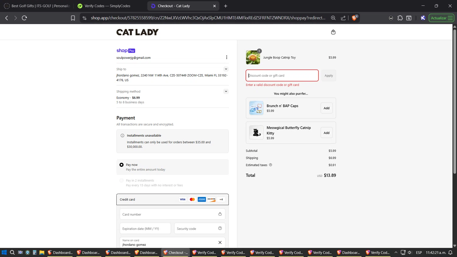 Cat Lady Box promo code screenshot showing code KITTY applied at Cat Lady Box checkout page. Uploaded by SimplyCodes community member SoulPower on Jul 4, 2025