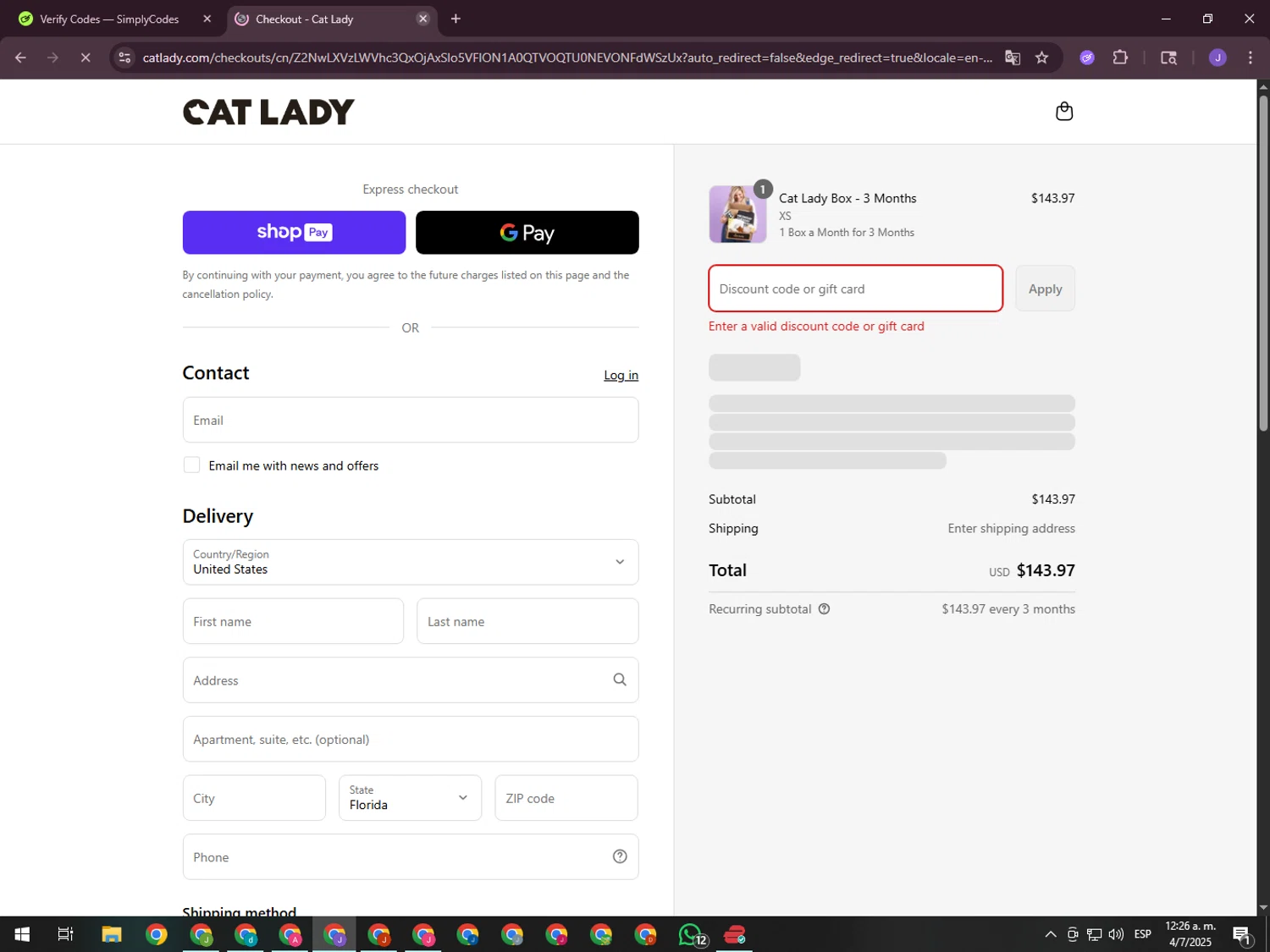 Cat Lady Box promo code screenshot showing code KITTY applied at Cat Lady Box checkout page. Uploaded by SimplyCodes community member ValueHero2277 on Jul 4, 2025