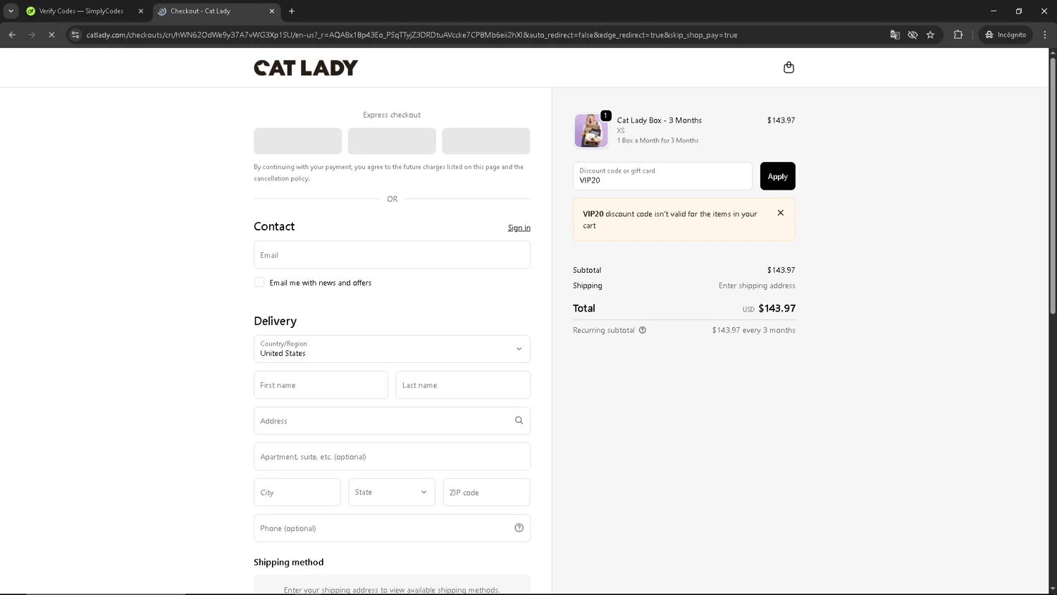 Cat Lady Box promo code screenshot showing code VIP20 applied at Cat Lady Box checkout page. Uploaded by SimplyCodes community member Kaizen on Dec 4, 2025