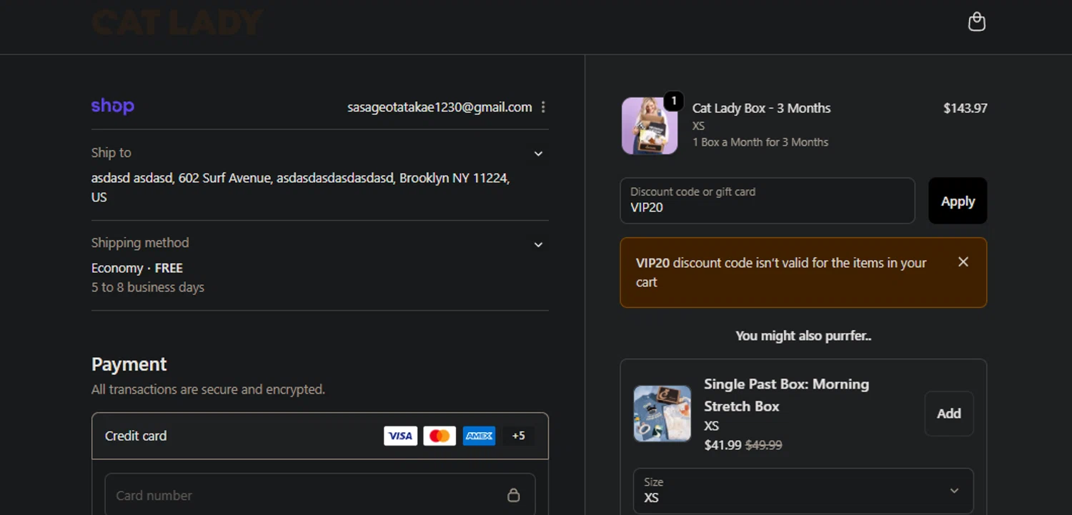 Cat Lady Box promo code screenshot showing code VIP20 applied at Cat Lady Box checkout page. Uploaded by SimplyCodes community member jaimitoalcachofa on Nov 5, 2025