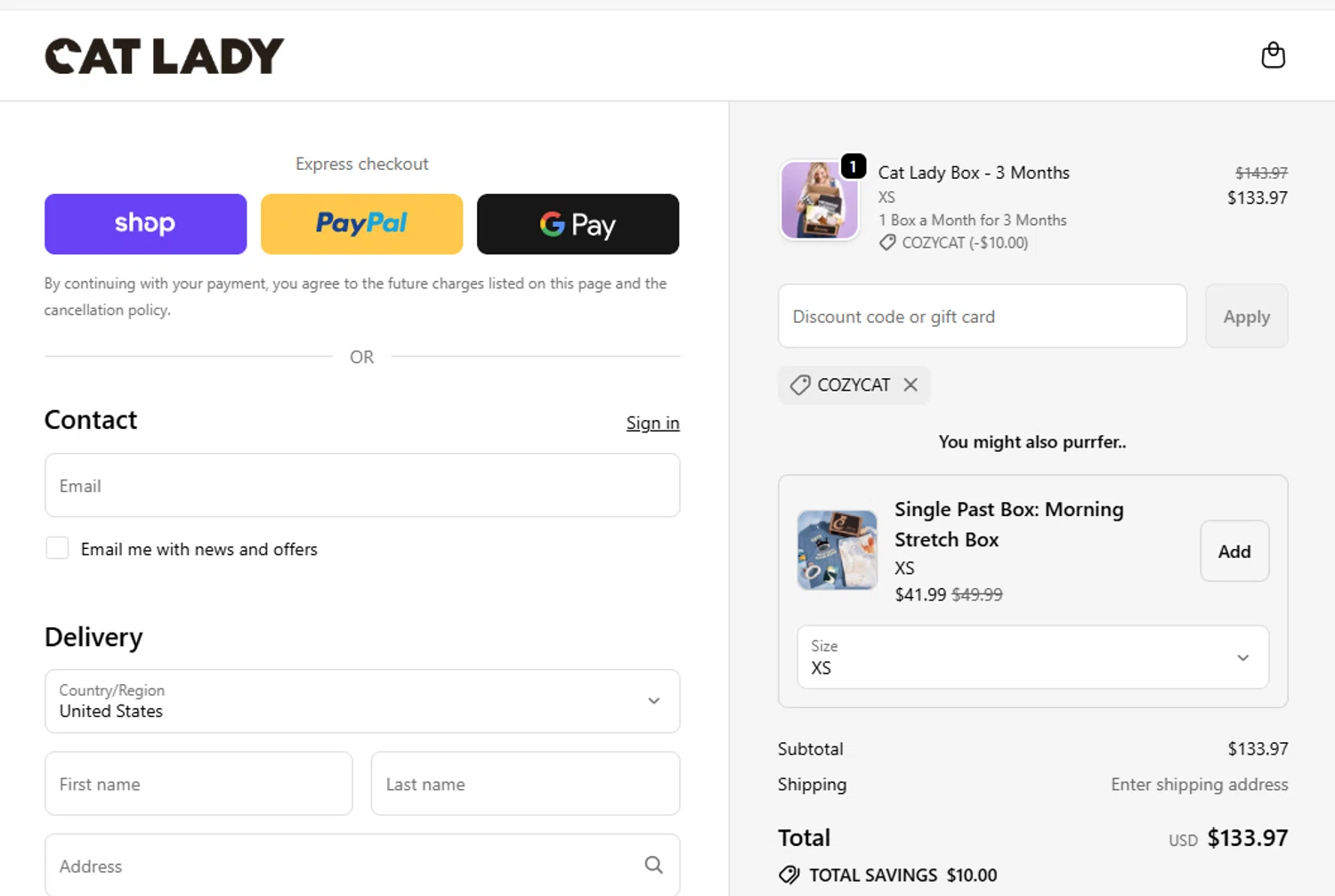 Cat Lady Box checkout page showing Cat Lady Box promo code box | Screenshot taken by SimplyCodes community member on Nov 6, 2025