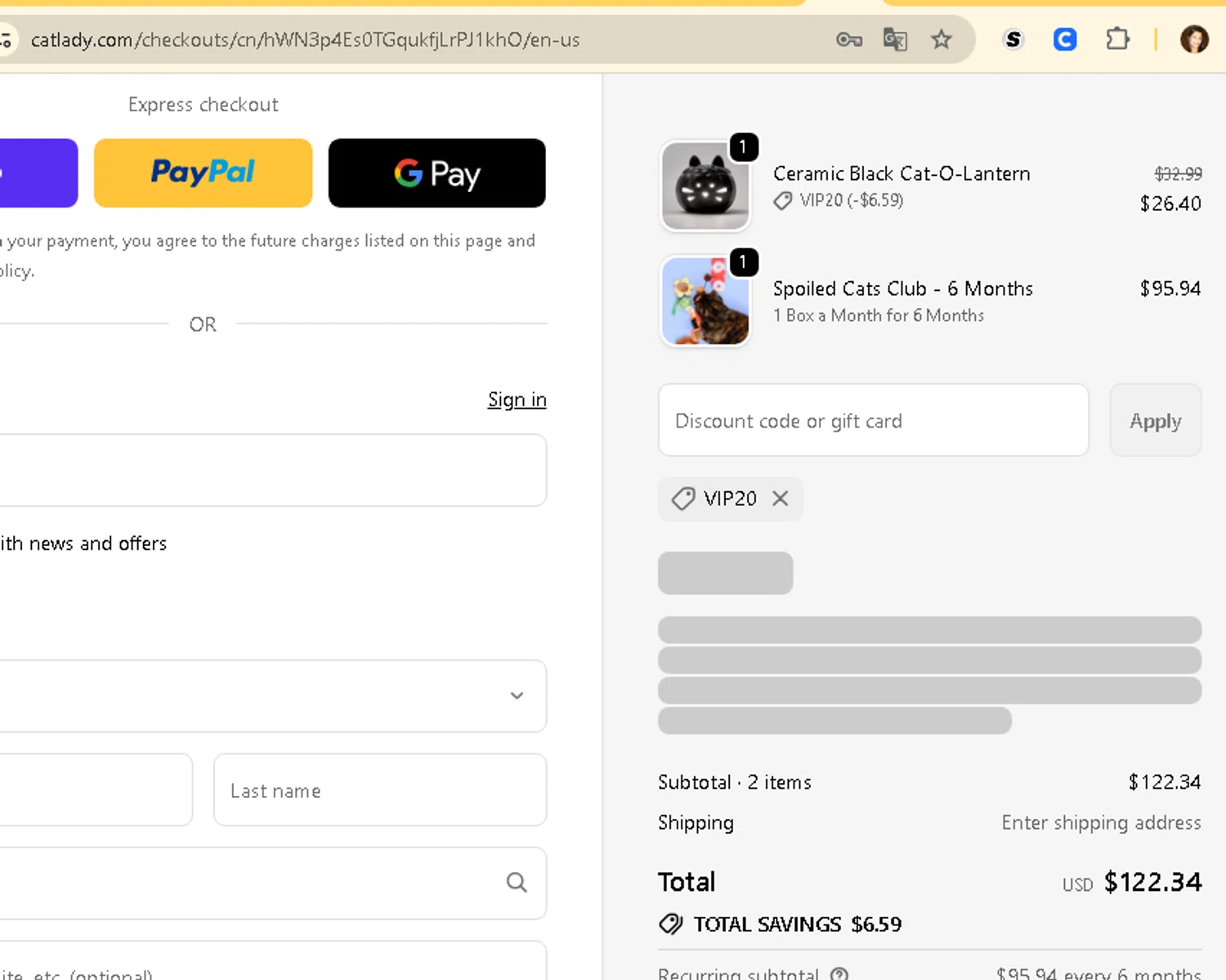 Cat Lady Box promo code screenshot showing code VIP20 applied at Cat Lady Box checkout page. Uploaded by SimplyCodes community member AMANDA2681 on Oct 7, 2025