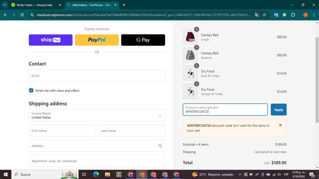 Cat Person checkout page showing Cat Person discount code box | Screenshot taken by SimplyCodes community member on Oct 3, 2024