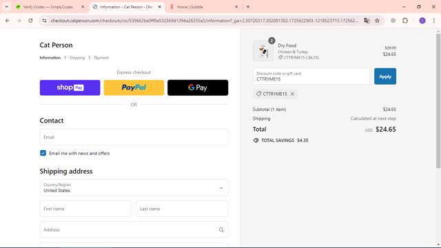 Cat Person checkout page showing Cat Person discount code box | Screenshot taken by SimplyCodes community member on Sep 6, 2024
