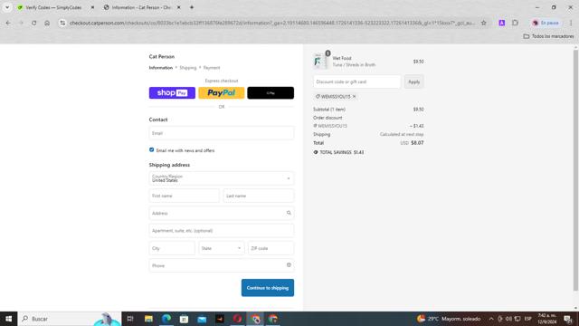 Cat Person checkout page showing Cat Person discount code box | Screenshot taken by SimplyCodes community member on Sep 12, 2024