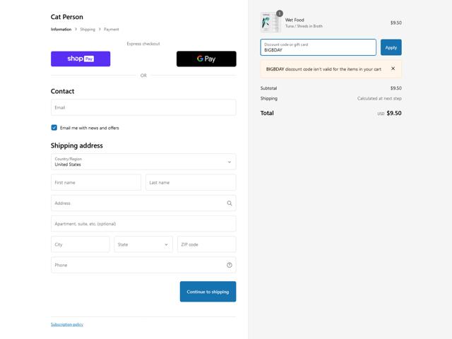 Cat Person checkout page showing Cat Person discount code box | Screenshot taken by SimplyCodes community member on Oct 11, 2024