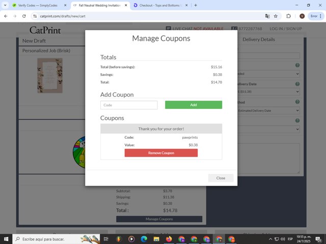 CatPrint checkout page showing CatPrint coupon code box | Screenshot taken by SimplyCodes community member on Jul 25, 2025