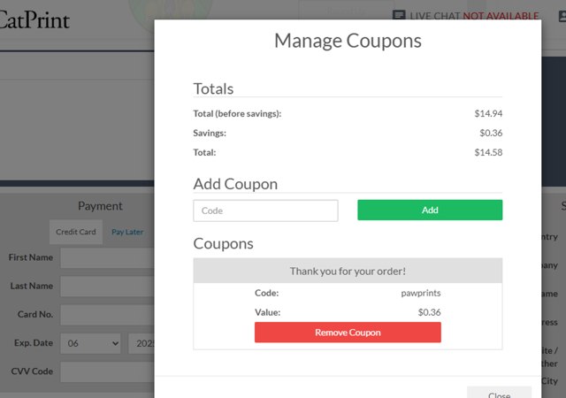 CatPrint checkout page showing CatPrint coupon code box | Screenshot taken by SimplyCodes community member on Jun 14, 2025