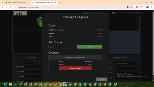 CatPrint checkout page showing CatPrint coupon code box | Screenshot taken by SimplyCodes community member on May 10, 2025