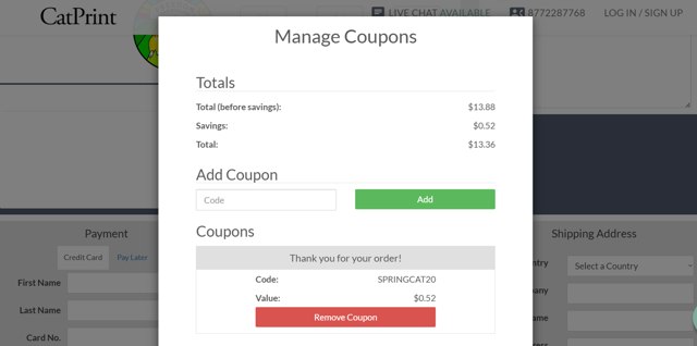 CatPrint checkout page showing CatPrint coupon code box | Screenshot taken by SimplyCodes community member on May 6, 2025