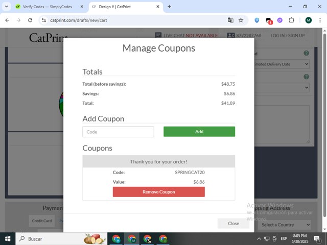 CatPrint checkout page showing CatPrint coupon code box | Screenshot taken by SimplyCodes community member on May 31, 2025