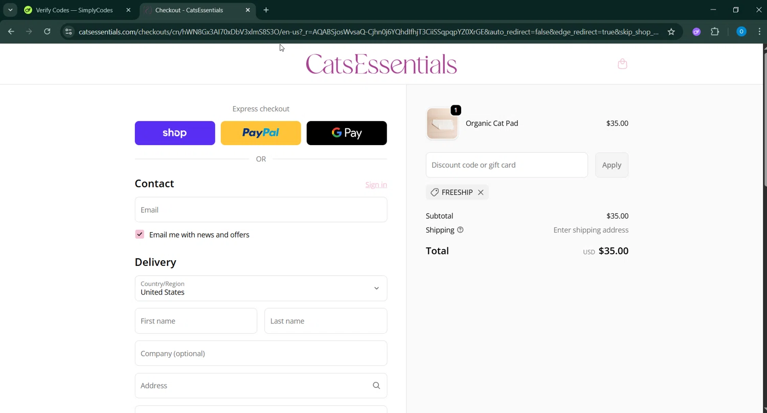 CatsEssentials promo code screenshot showing code FREESHIP applied at CatsEssentials checkout page. Uploaded by SimplyCodes community member _____________ on Feb 1, 2026