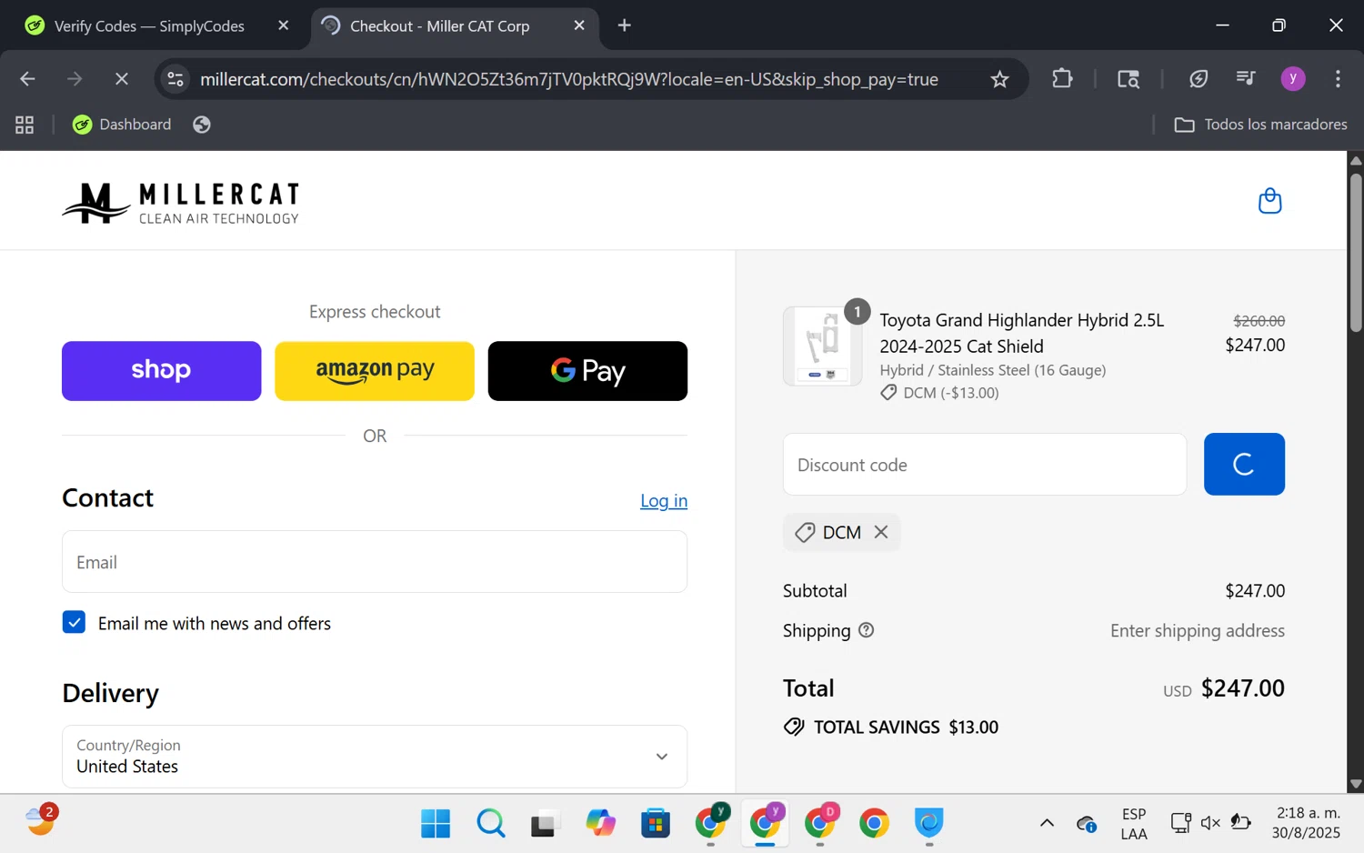 Cat Shield discount code screenshot showing code DCM applied at Cat Shield checkout page. Uploaded by SimplyCodes community member FrugalKnight6753 on Aug 30, 2025