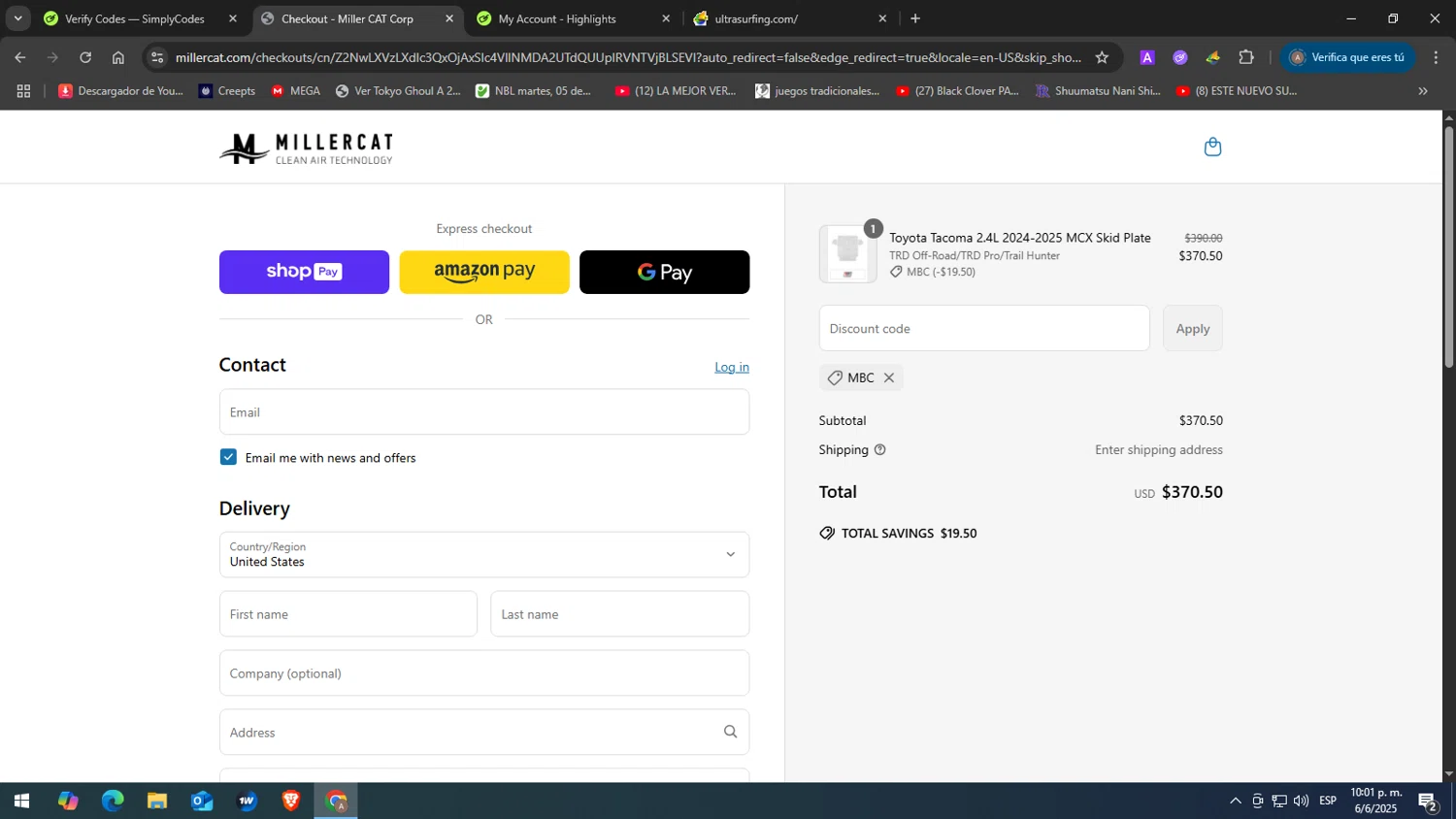 Cat Shield discount code screenshot showing code MBC applied at Cat Shield checkout page. Uploaded by SimplyCodes community member yasabesssss on Jun 7, 2025