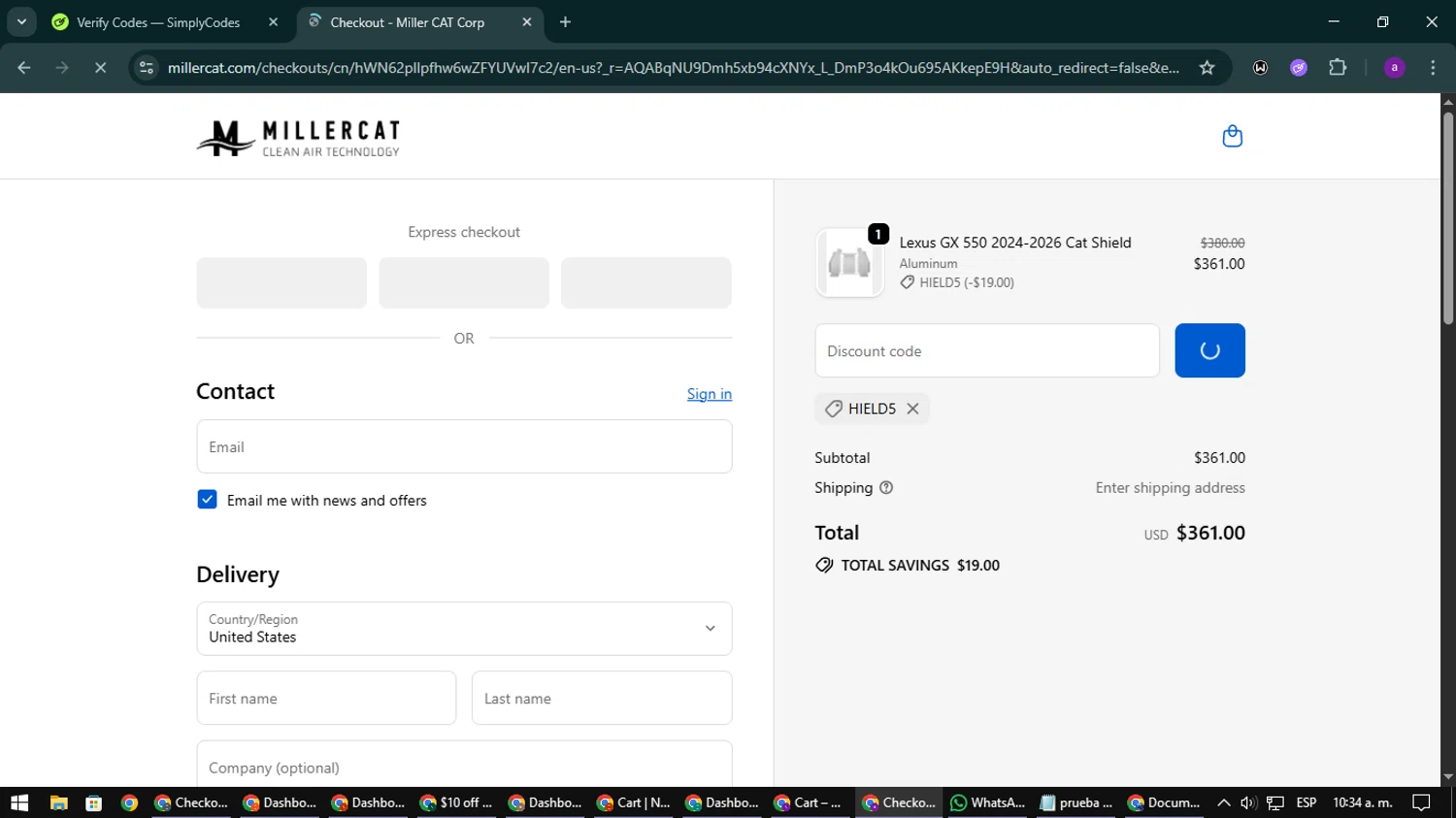 Cat Shield discount code screenshot showing code hield5 applied at Cat Shield checkout page. Uploaded by SimplyCodes community member CoinElite8997 on Dec 4, 2025