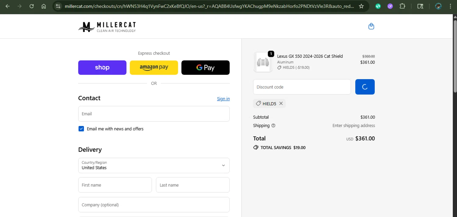 Cat Shield discount code screenshot showing code hield5 applied at Cat Shield checkout page. Uploaded by SimplyCodes community member xAngel on Nov 8, 2025