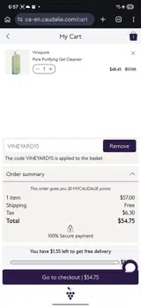 VINEYARD15 coupon verification screenshot