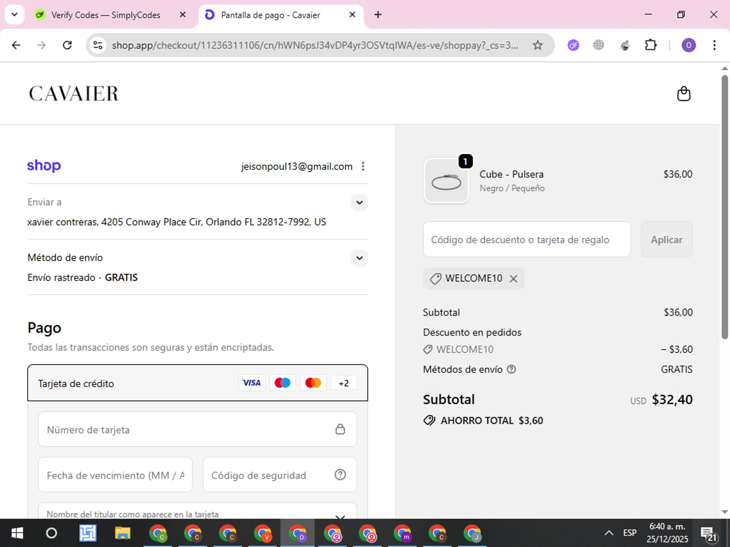 Cavaier discount code screenshot showing code WELCOME10 applied at Cavaier checkout page. Uploaded by SimplyCodes community member CleverLynx8245 on Dec 25, 2025