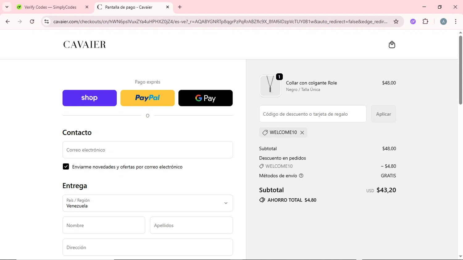Cavaier discount code screenshot showing code WELCOME10 applied at Cavaier checkout page. Uploaded by SimplyCodes community member CrownSpotter6947 on Dec 25, 2025