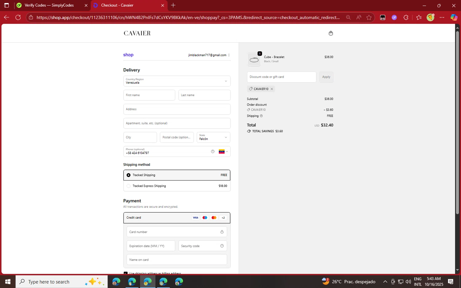 Cavaier discount code screenshot showing code CAVAIER10 applied at Cavaier checkout page. Uploaded by SimplyCodes community member jvllsk2 on Oct 16, 2025