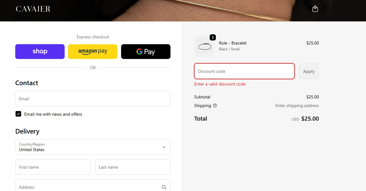 Cavaier discount code screenshot showing code CAVAIER10 applied at Cavaier checkout page. Uploaded by SimplyCodes community member Toundji on Oct 16, 2025
