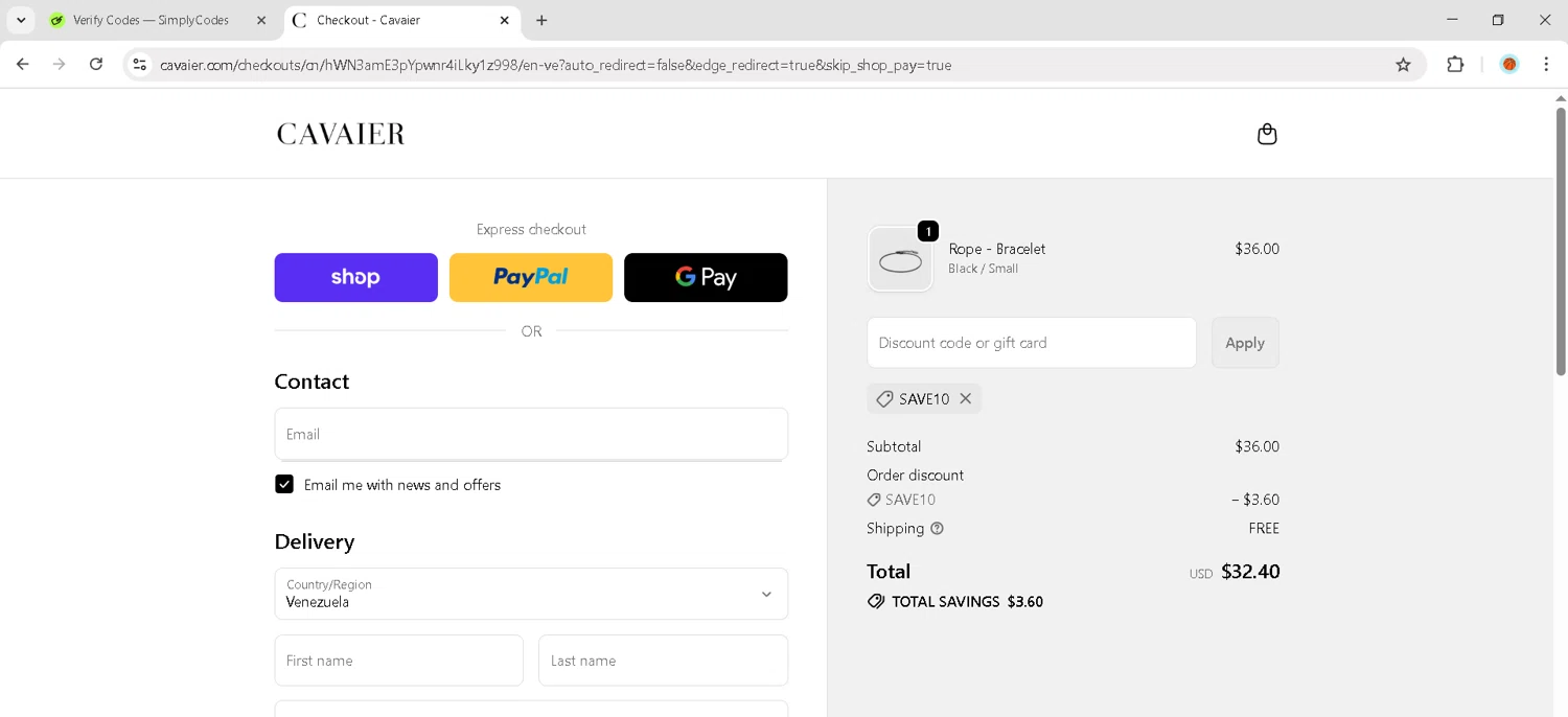 Cavaier discount code screenshot showing code SAVE10 applied at Cavaier checkout page. Uploaded by SimplyCodes community member JosephStevens774 on Sep 30, 2025
