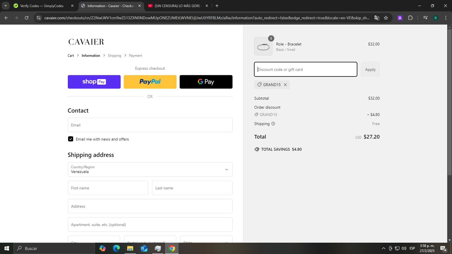 Cavaier discount code screenshot showing code GRAND15 applied at Cavaier checkout page. Uploaded by SimplyCodes community member GOJOSATURO on Feb 27, 2025
