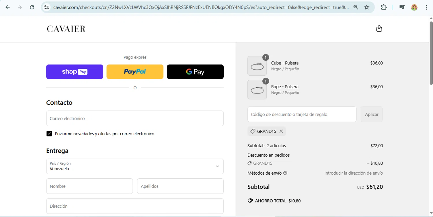 Cavaier discount code screenshot showing code GRAND15 applied at Cavaier checkout page. Uploaded by SimplyCodes community member laurachirinos on Jun 14, 2025