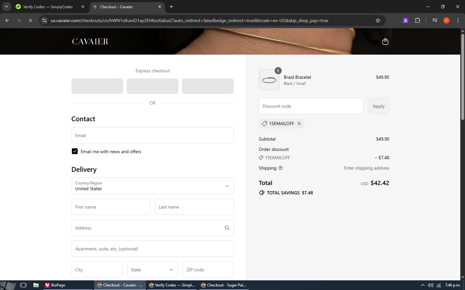 Cavaier discount code screenshot showing code 15EMAILOFF applied at Cavaier checkout page. Uploaded by SimplyCodes community member SavingsCaptain8190 on Aug 14, 2025